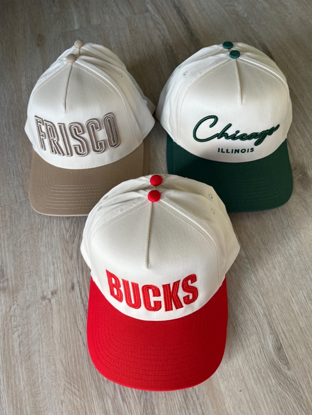 Six Two-Tone Baseball Caps - BUCKS, FRISCO, CHICAGO